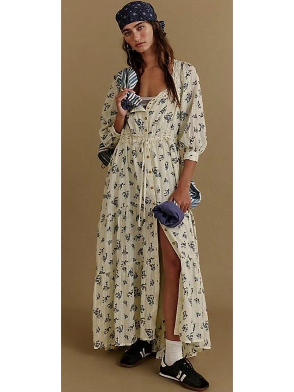 Floral Cream Maxi Dress with Drawstring Waist